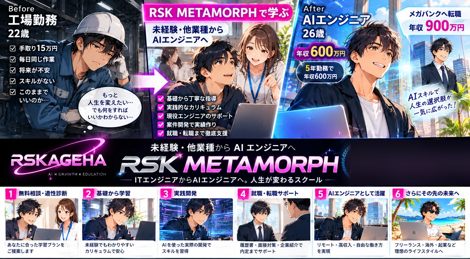 アニメ：工場勤務22歳の主人公が、RSK METAMORPHで学び、AIエンジニアとして活躍するまでのストーリー