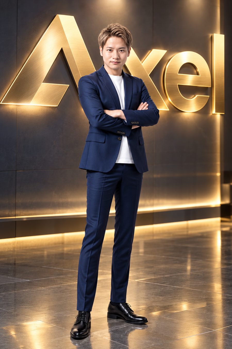 AXelのロゴの前に立つ代表取締役 水澤堅一郎
